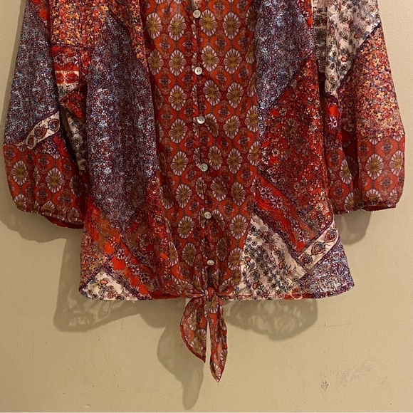 Anthropologie Fig and Flower XL Boho 3/4 Sleeve Tie Hem V-neck Red Blue Sheer - Picture 3 of 9